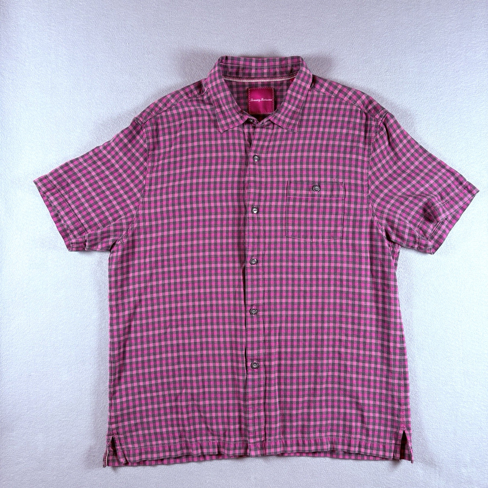 Tommy Bahama Men's XL 100% Silk Pink Plaid Check Button Up Shirt